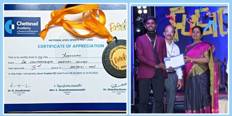 Our President sir appreciated Mr. Aravindan, MBBS First Year for securing 3rd Place